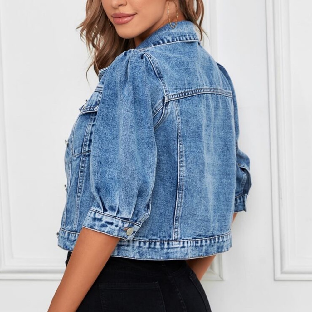 Boho Medium Wash Blue Puff Sleeve Denim Jacket Shacket - Picture 3 of 4